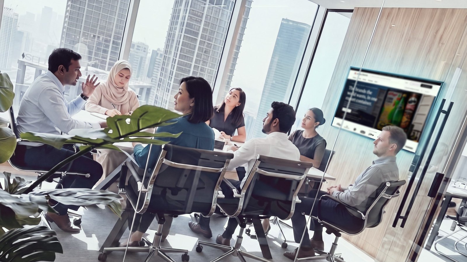 The team round the boardroom table at our Business Bay office, the Dubai skyline through the glass behind them and our own shop open on the wall screen