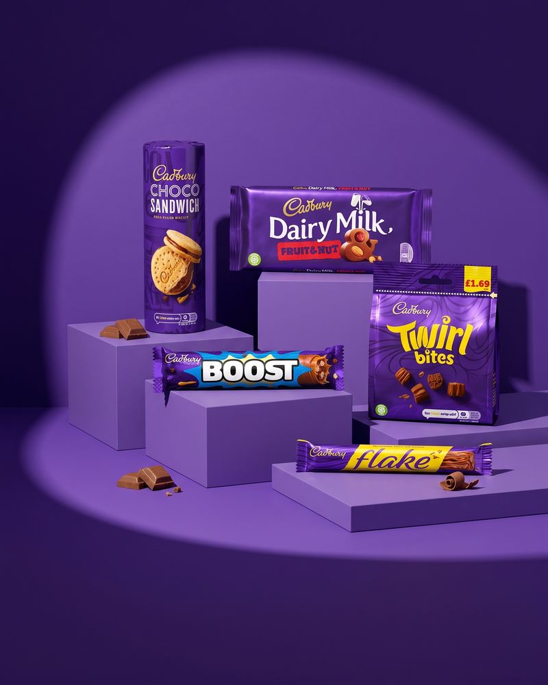 Milk chocolate blocks with purple foil wrapping curled beside them, on a deep royal purple background.