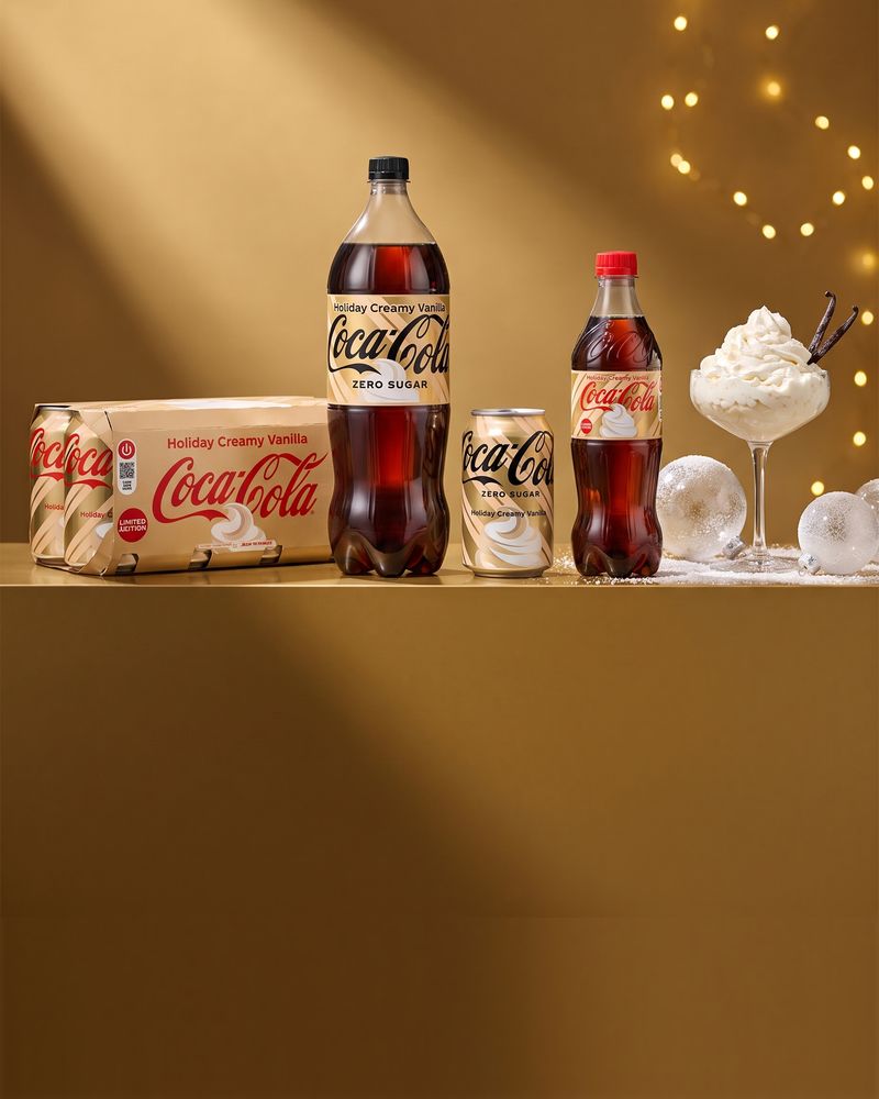 An 8-can multipack, a 2-litre Zero Sugar bottle, a 330ml Zero Sugar can and a 500ml bottle of Coca-Cola Holiday Creamy Vanilla in their cream and champagne-gold festive packaging with the soft-serve swirl, on a vanilla-striped ground.