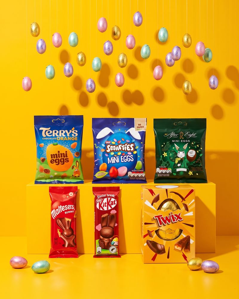 Pastel foil-wrapped chocolate eggs and small chocolate bunnies on a golden yellow background.