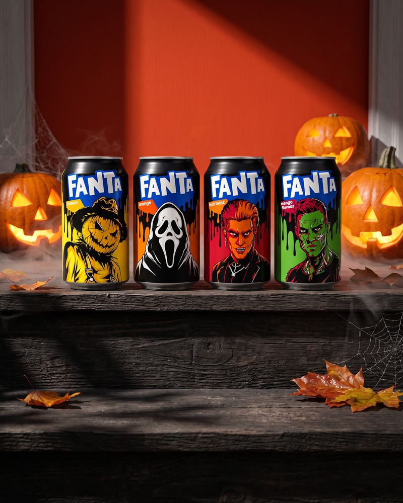 Four Fanta 330ml cans in their Halloween designs, lemon with a scarecrow, orange with Ghostface, fruit twist with a vampire and mango with a zombie, on dark wooden porch steps between glowing carved pumpkins against an orange wall