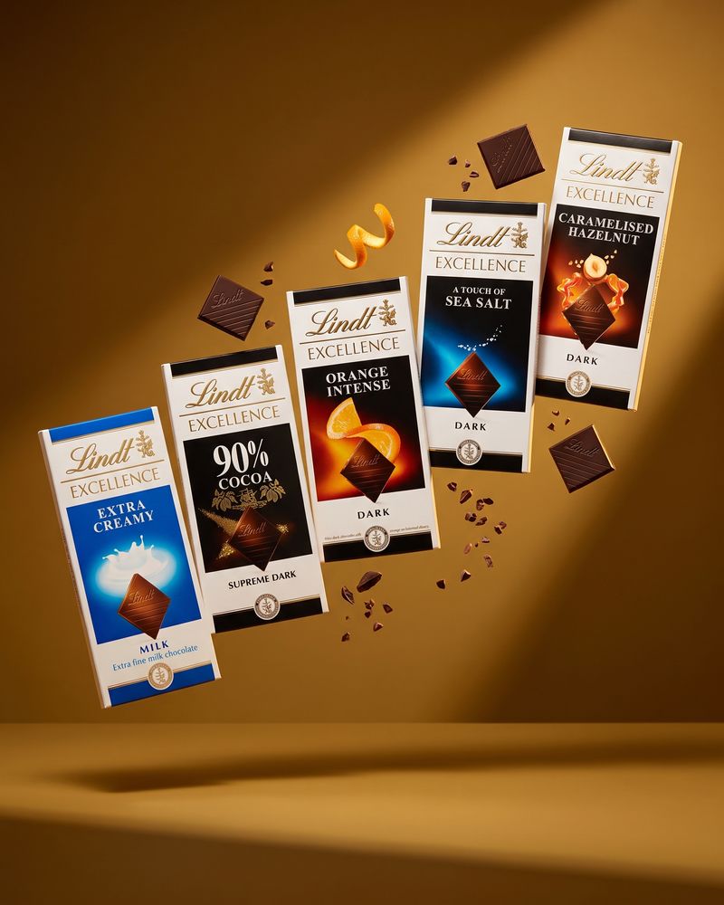 Dark chocolate bars broken into squares with scattered cocoa beans, on a warm gold background.