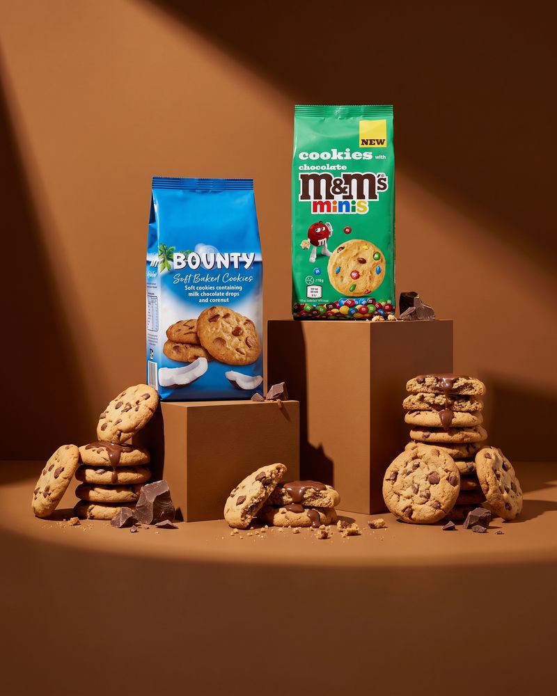 Bounty, Galaxy and M&M's cookie sharing packs laid out on a warm surface