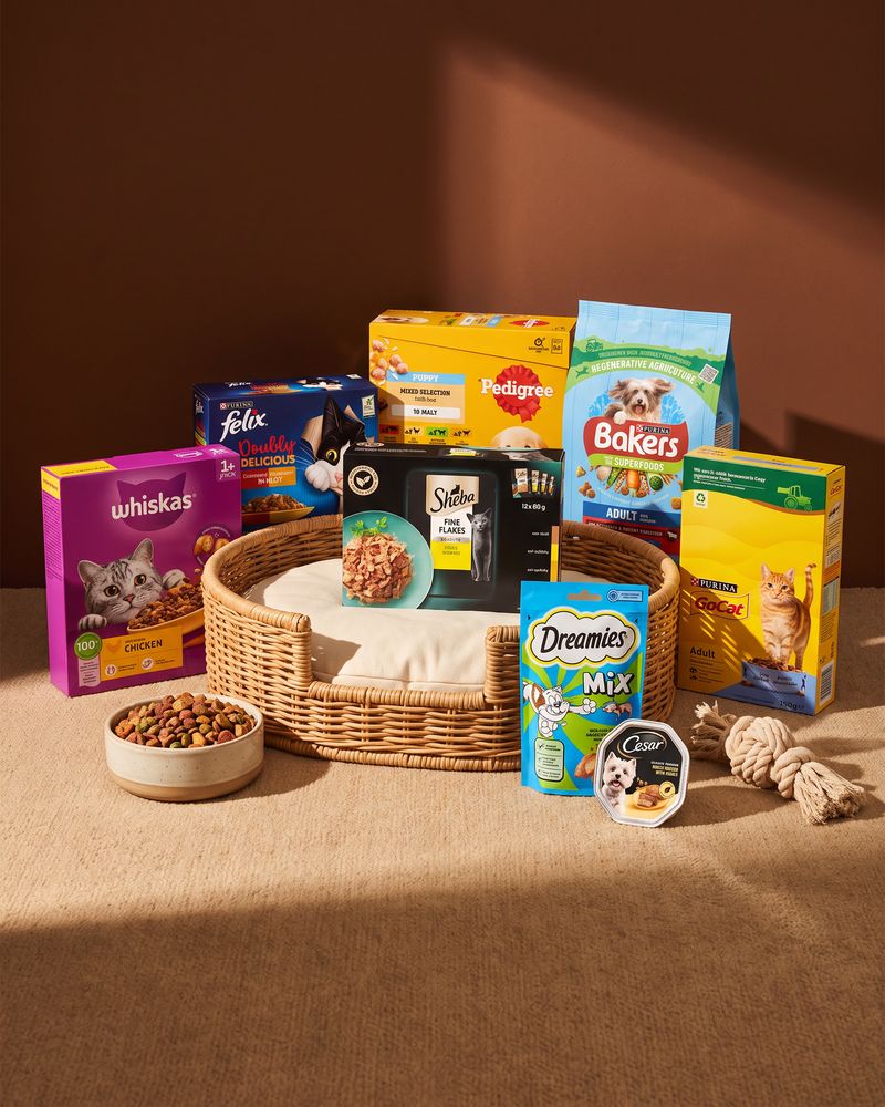 Whiskas, Felix, Pedigree, Sheba, Bakers, Go-Cat, Dreamies and Cesar packs grouped around a rattan pet basket on a tan rug, with a bowl of kibble and a rope toy against a brown wall.