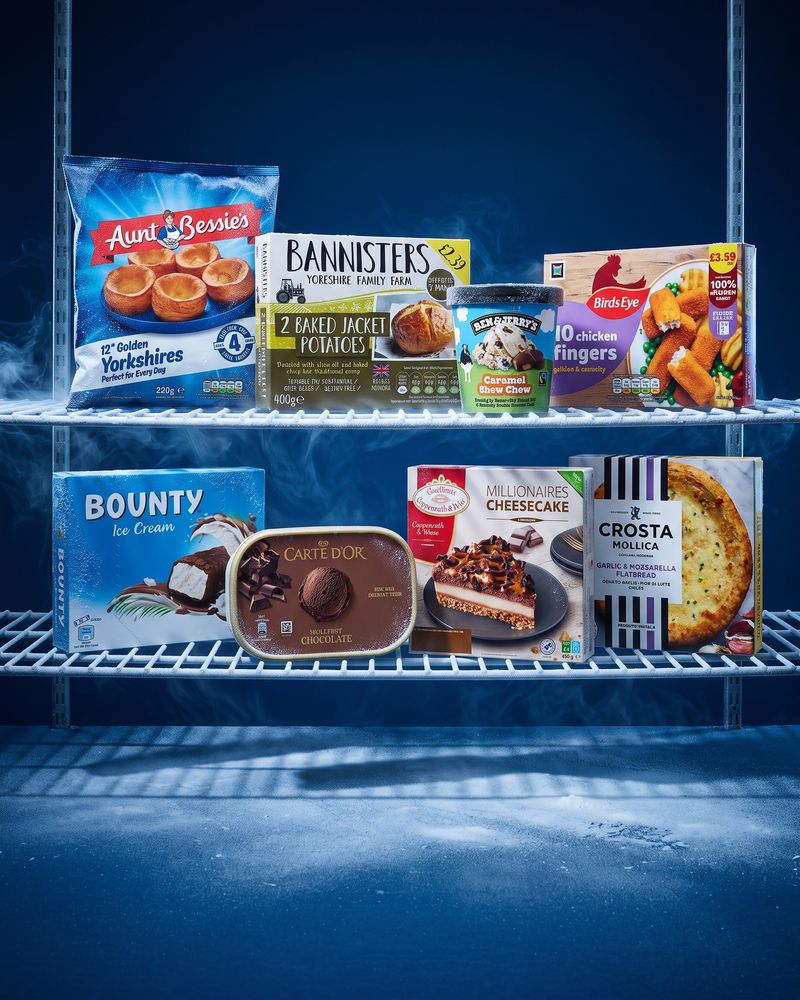 Two frost-crusted wire shelves inside a walk-in freezer against a deep navy wall, cold vapour drifting: Aunt Bessie's Golden Yorkshires, Bannisters Farm baked jacket potatoes, a Ben & Jerry's Caramel Chew Chew tub and Birds Eye chicken fingers on the top shelf, a Bounty ice cream 4-pack, a Carte D'Or chocolate tub, a Coppenrath & Wiese Millionaires cheesecake and a Crosta & Mollica garlic flatbread below.
