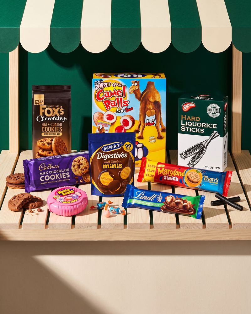 Fox's Half-Coated Cookies, Cadbury Milk Chocolate Cookies, Hubba Bubba Mega Long, Fini Camel Balls, McVitie's Digestives Minis, Barratt Hard Liquorice Sticks, Maryland S'wich Terry's Chocolate Orange and a Lindt Nocciolatte bar on the timber counter of a market stall under a bottle-green and cream striped awning.