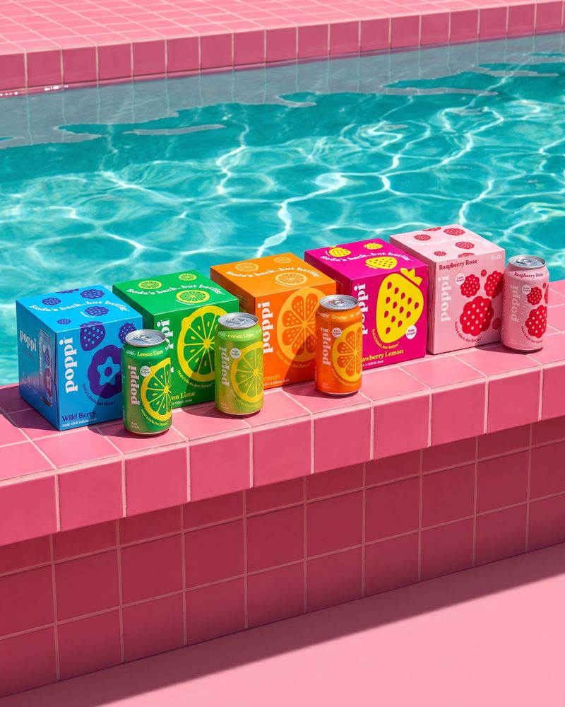Poppi prebiotic soda four-pack boxes and cans in Wild Berry, Lemon Lime, Orange, Strawberry Lemon and Raspberry Rose lined up along a pink-tiled pool edge above turquoise water.