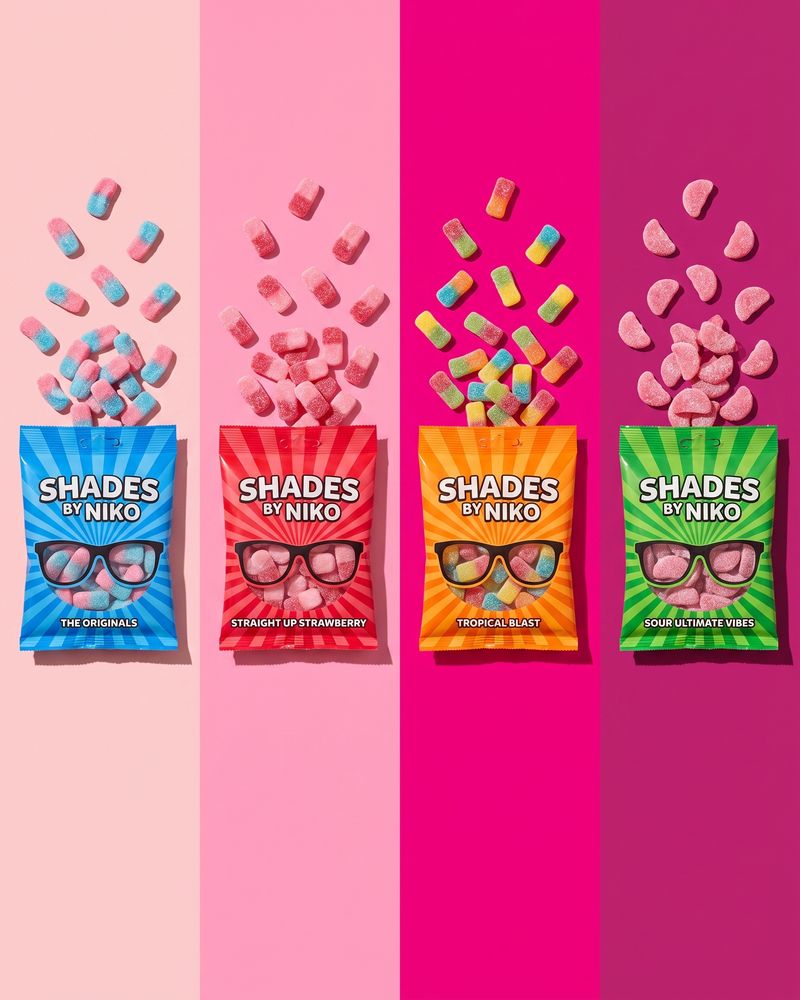 Brightly coloured gummy sweets spilling from foil pouches, on a hot pink background.