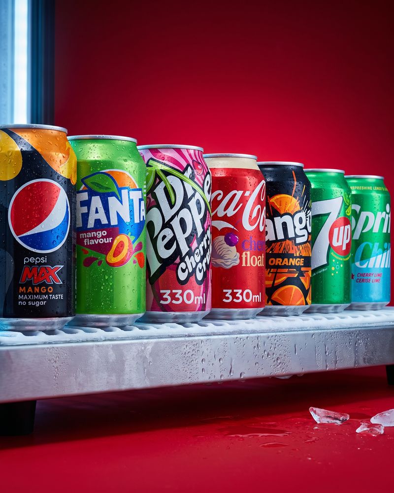 A stacked wall of plain 330ml drink cans beaded with condensation, on a bright red background.