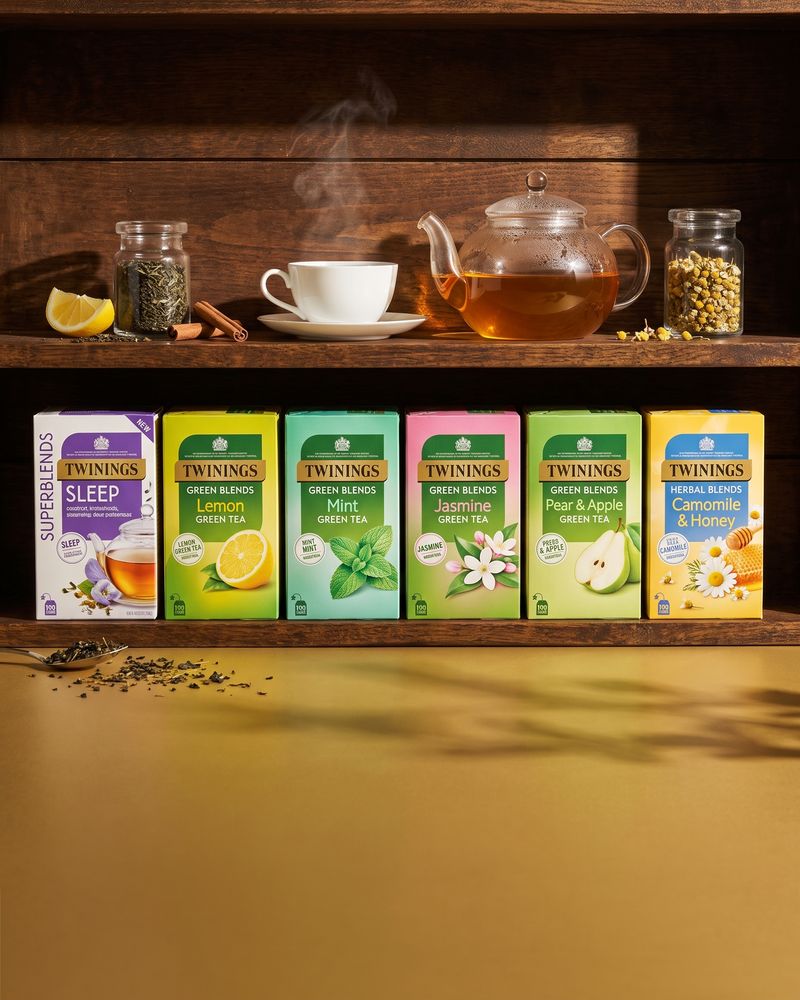 Tea cartons with loose tea bags, camomile flowers and mint leaves, on a warm amber background.