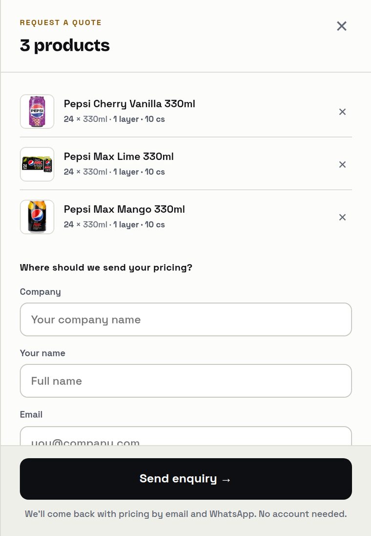 The quote request panel with three products in it and a short form — company, name, email, WhatsApp number — above a Send enquiry button.