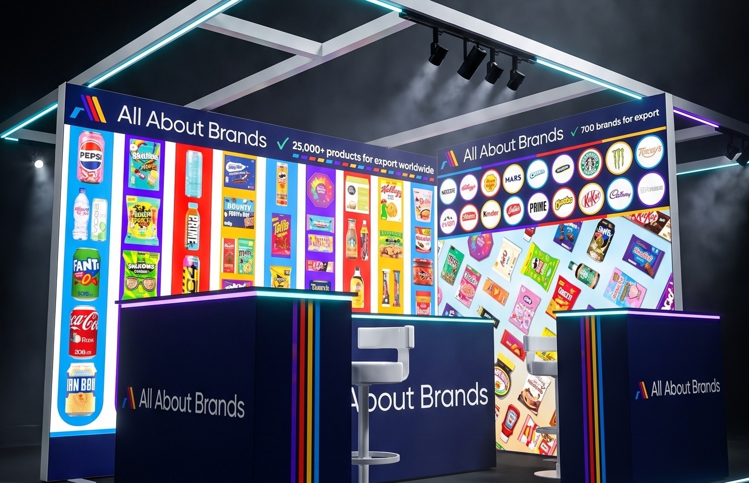 Our SIAL Paris stand: a dark hall with two lit walls of British and European grocery either side of a fascia reading All About Brands, 25,000+ products for export worldwide, 700 brands for export, with navy counters in front