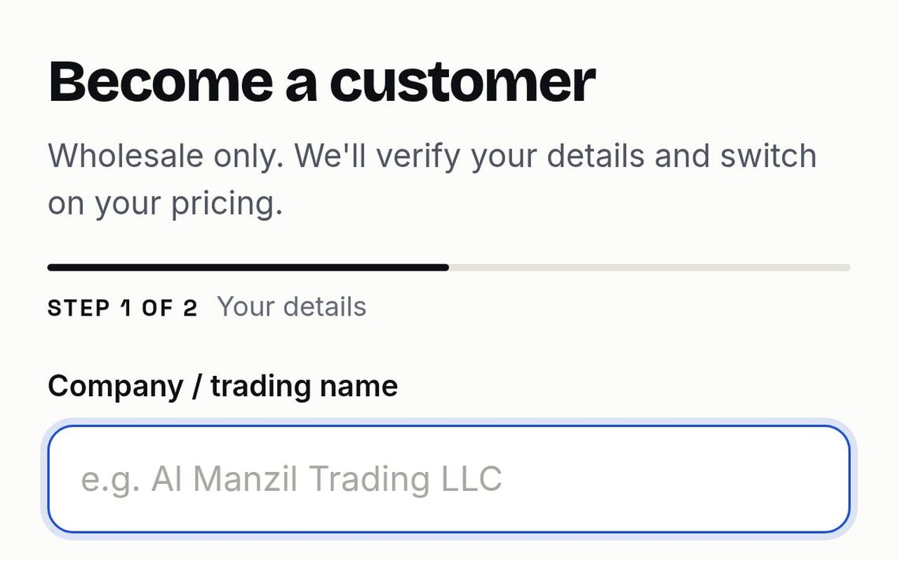 The Become a customer form on the All About Brands trade portal