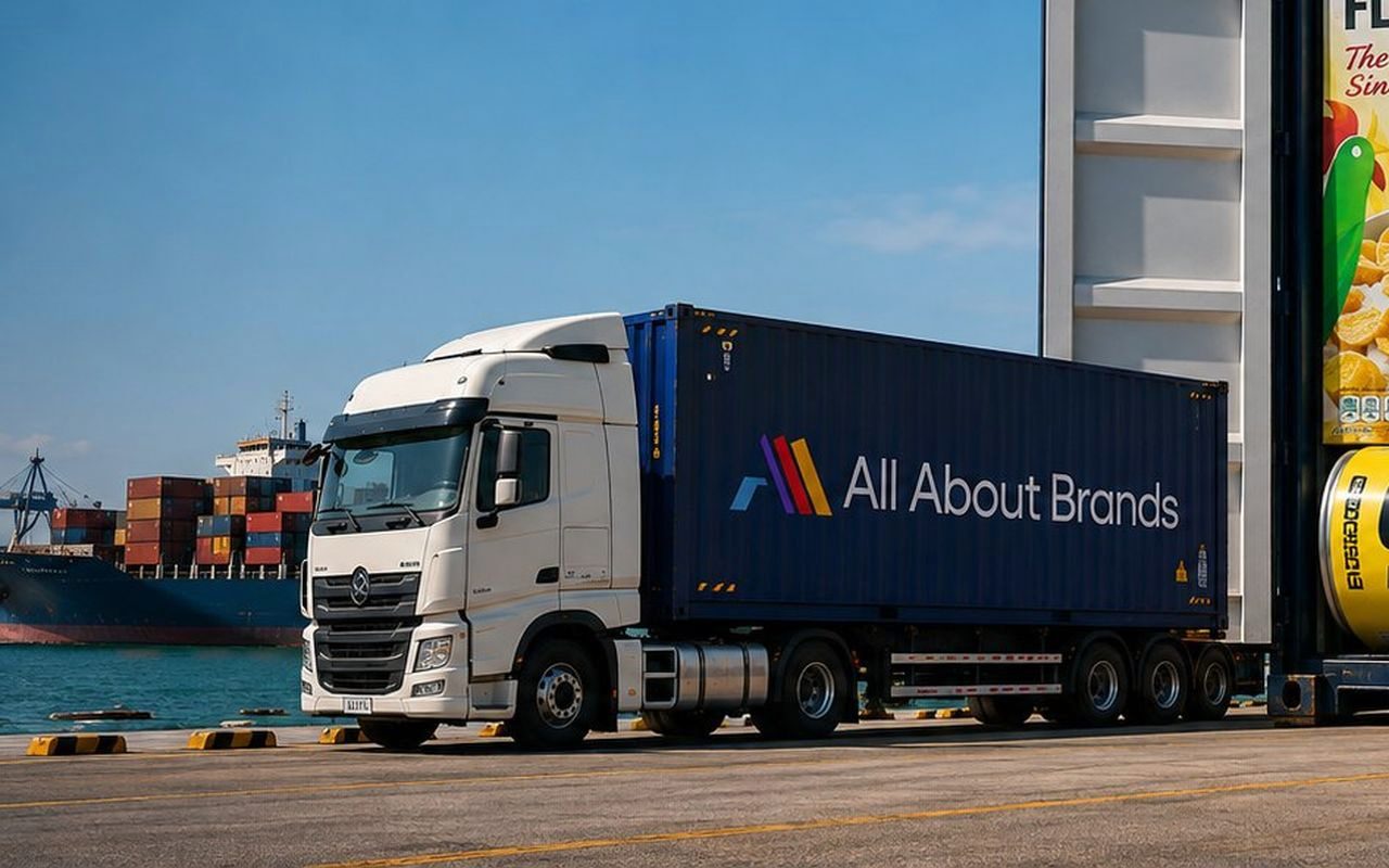 An All About Brands container loaded on a truck at the port
