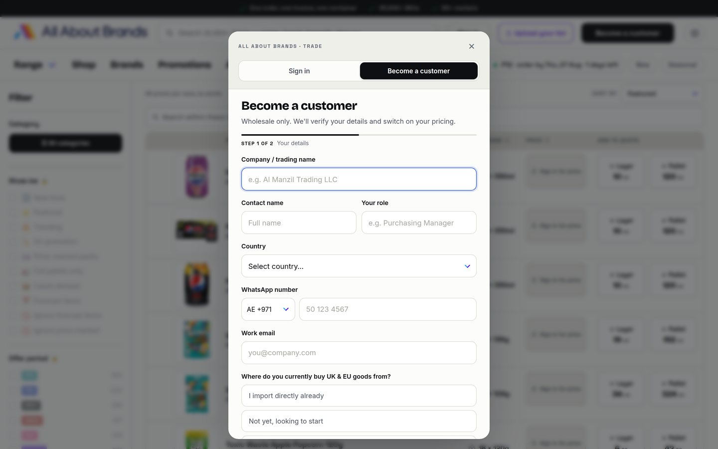 The Become a customer application form on the All About Brands trade portal, asking for company name, country and contact details