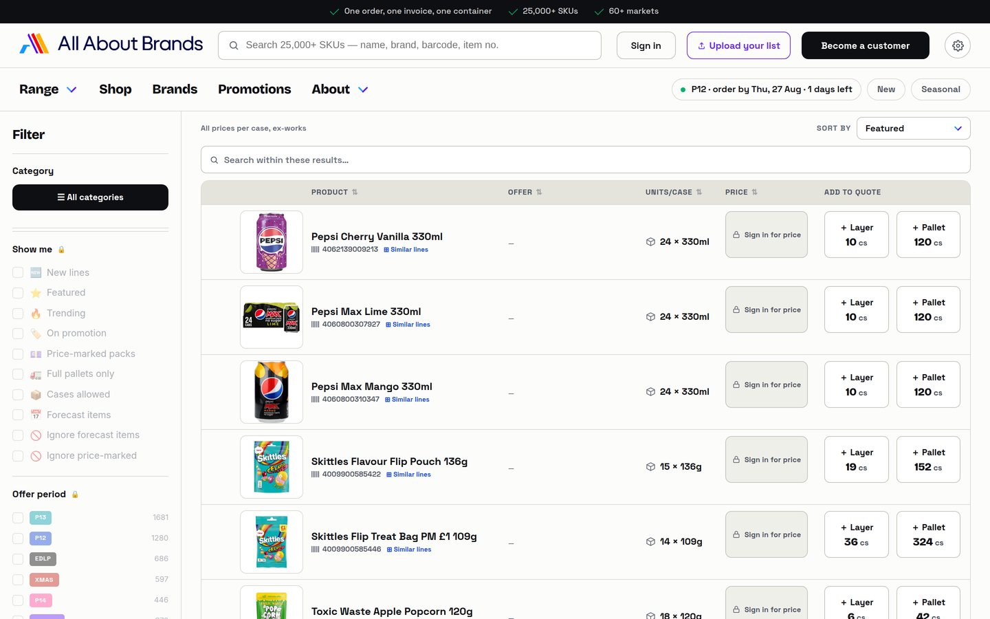 The catalogue: product rows with pack shots, case configurations and layer and pallet buttons