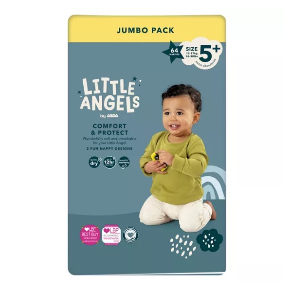 Little Angels Asda Size 5+ Comfort & Protect Jumbo Nappies 64pk
