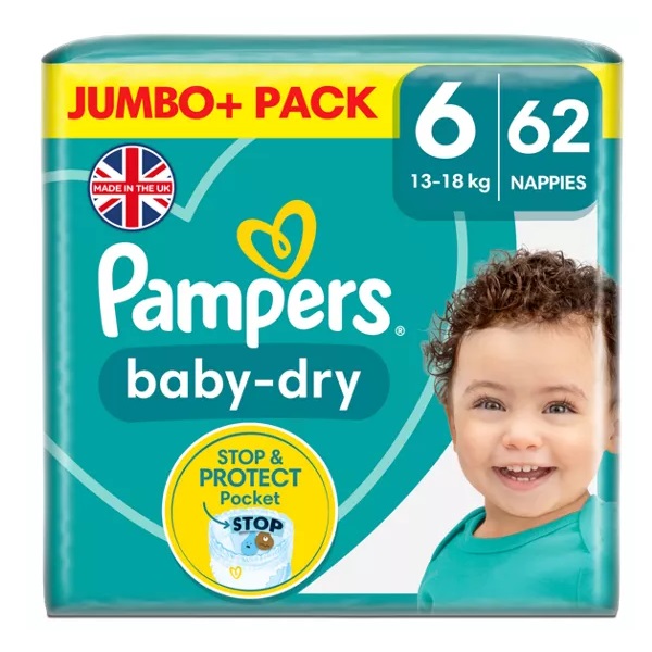 Pampers Baby Dry Size 6 Jumbo 13-18kg Nappies 62pk