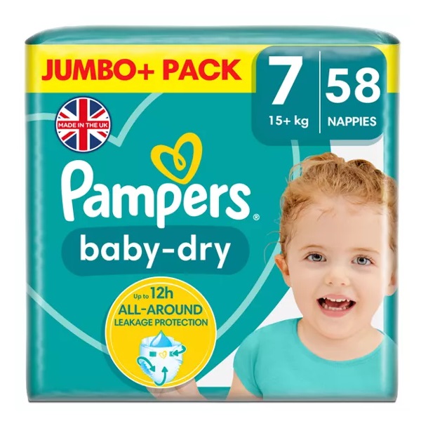 Pampers Baby Dry Size 7 Jumbo 15kg + Nappies 58pk