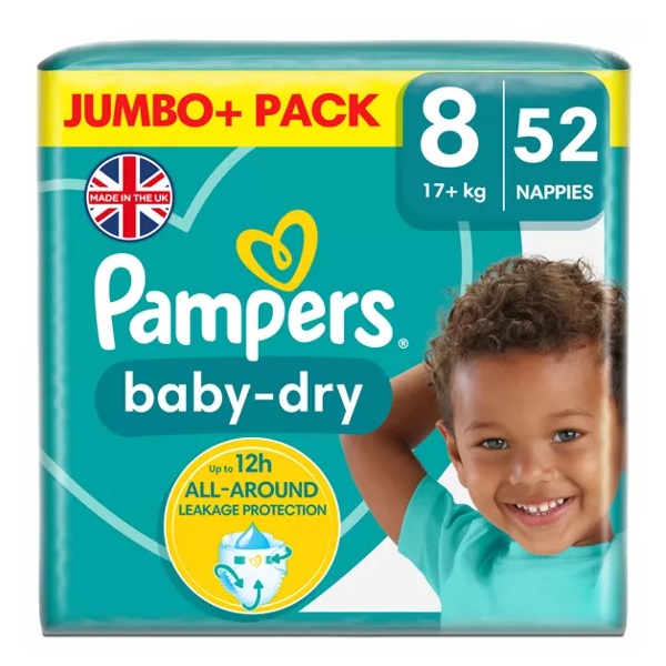 Pampers Baby Dry Size 8 Jumbo 17kg + Nappies 52pk