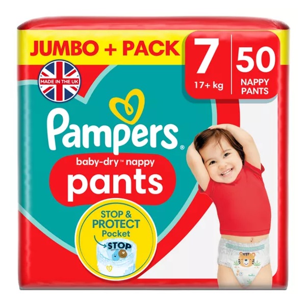 Pampers Baby Dry Nappy Pants Size 7 Jumbo 17kg + Nappies 50pk