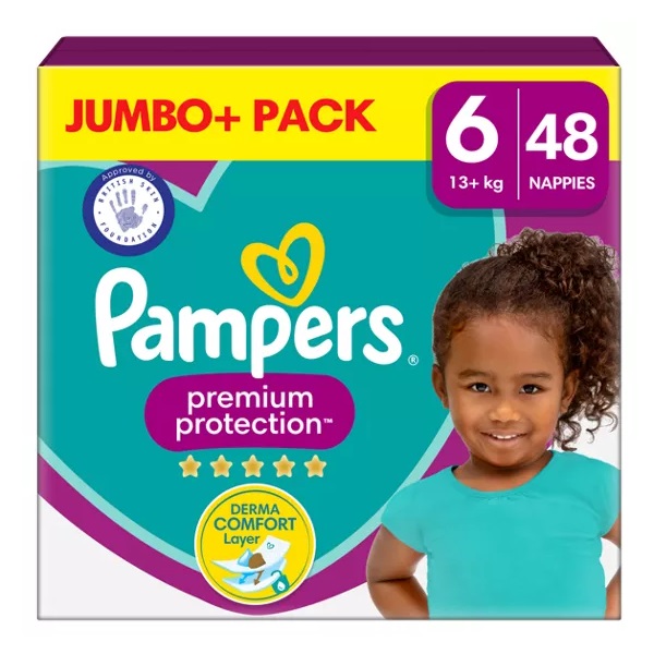 Pampers Premium Protection Size 6 Jumbo 13kg + Nappies 48pk