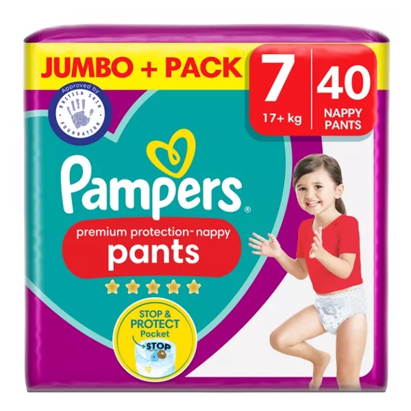 Pampers Premium Protection Nappy Pants Size 7 Jumbo 175kg + Nappies 40pk