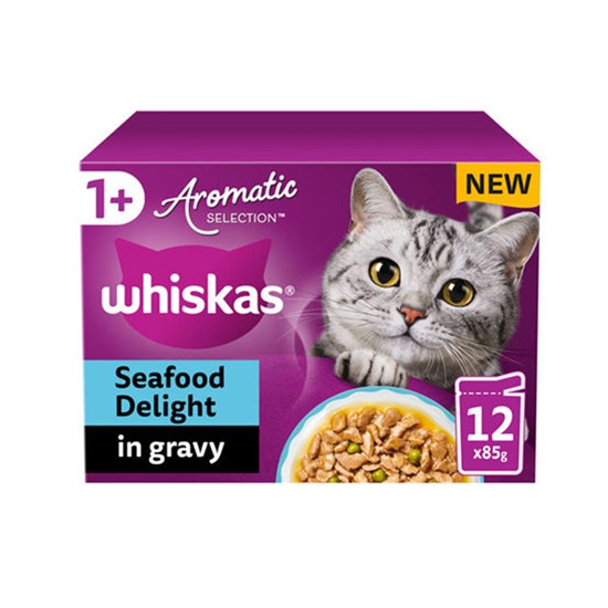 Whiskas 1+ Cat Pouches Aromatic Seafood In Gravy Purraside (12 x 85g)