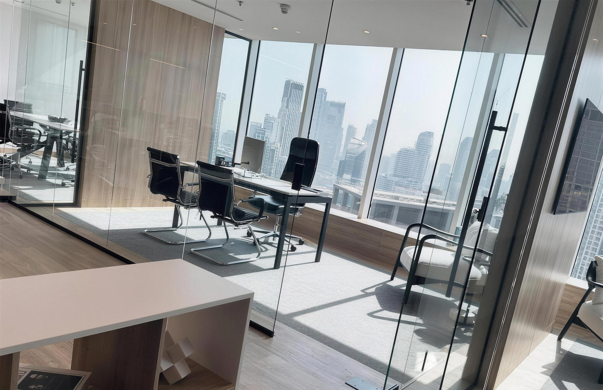 Glass meeting rooms on the All About Brands floor in Business Bay, Dubai