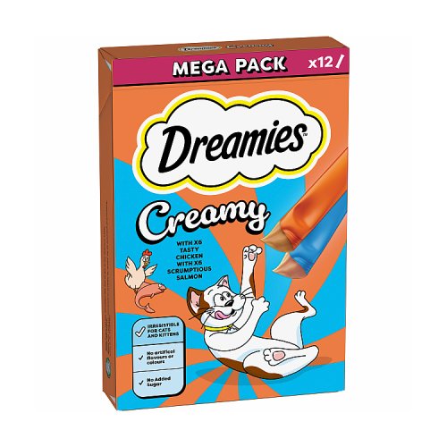 Dreamies Creamy Snack & Chicken & Salmon (12 x 10g) pack shot