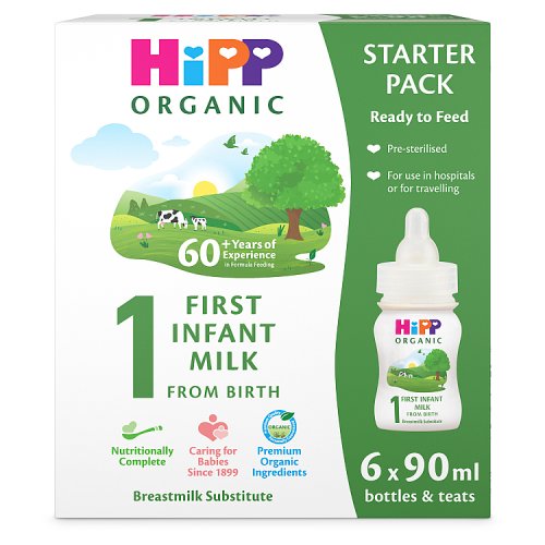 HiPP Organic 1 First Infant Baby Milk Ready to feed Starter pack from birth (6 x 90ml bottles) - H1 pack shot