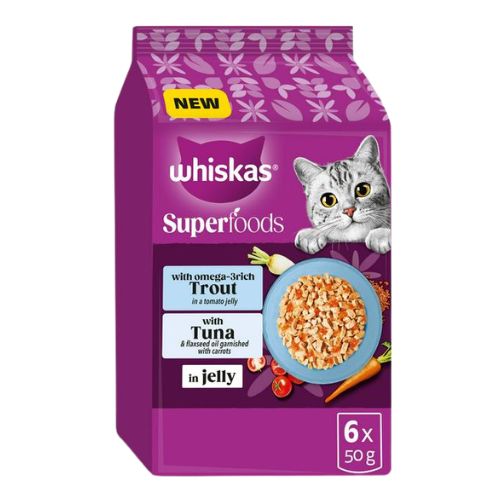 Whiskas 1+ Cat Pouches Superfoods With Fish In Jelly 6 x 50g pack shot