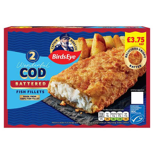 Birds Eye 2 Battered Cod Fillets PM £3.75 200g pack shot