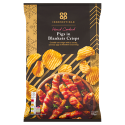 Co Op Irresistible Pigs in Blankets Hand Cooked Crisps 150g pack shot