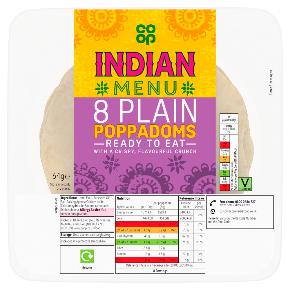 Co Op Plain Poppadums 8s pack shot