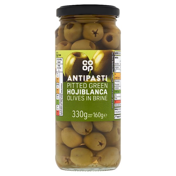 Co Op Green Olives in Brine Pitted 330g pack shot