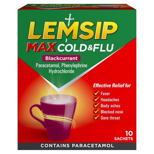 Lemsip Max Cold & Flu Blackcurrant 10s pack shot