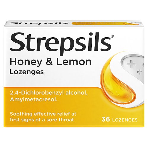 Strepsils Honey & Lemon Lozenges for Sore Throat 36s pack shot