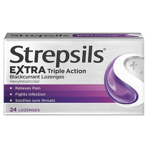 Strepsils Extra Triple Action Blackcurrant Lozenges 24s pack shot