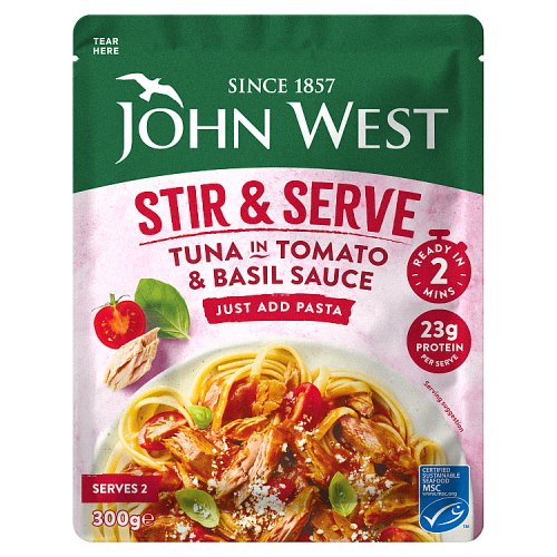 John West Tuna Stir & Serve Tomato & Basil 300g pack shot