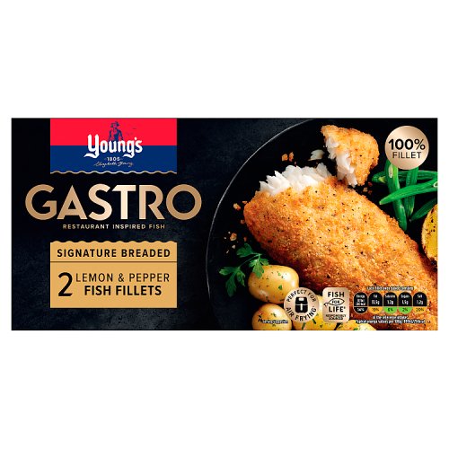 YOUNGS GASTRO 2 LEMON PEPPER BREADED FISH FILLETS pack shot