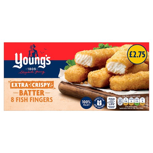 Youngs 8 Crispy Battered Fish Fingers 240g PM £2.75 pack shot