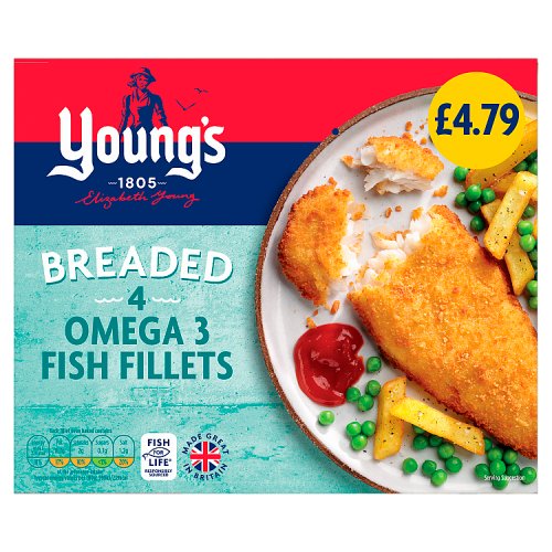 Youngs Breaded 4 Omega 3 Fish Fillets PM £4.79 400g pack shot