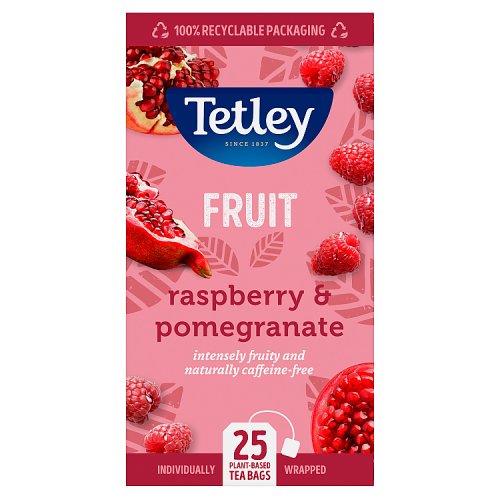 Tetley Fruit Tea Bags Raspberry & Pomegranate Envelopes 25's pack shot