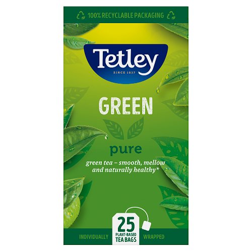 Tetley Pure Green Tea Bags Envelopes 25's pack shot