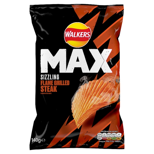 Walkers Max Flame Grilled Steak Sharing Crisps 140g pack shot