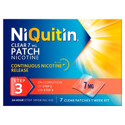 Niquitin Nicotine Patches Clear Patch Step 3 7s (5% VAT) 7mg pack shot