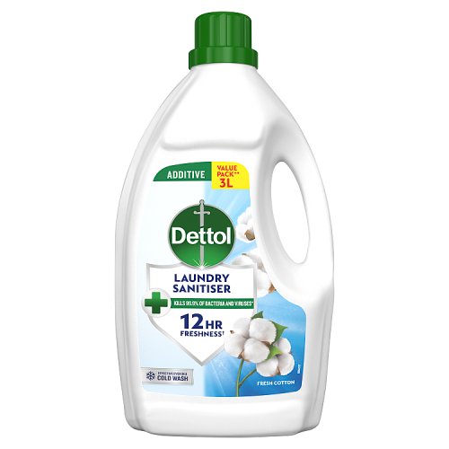 Dettol Antibacterial Laundry Sanitiser Liquid Additive Fresh Cotton 3L pack shot