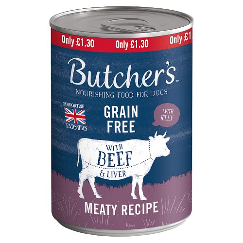 Butchers Beef & Liver Dog Food Tin 400g PMP £1.30 pack shot