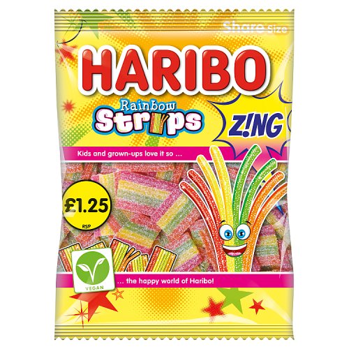 Haribo Bag Rainbow Strips Zing (10% Extra Free) PM £1.25 143g pack shot